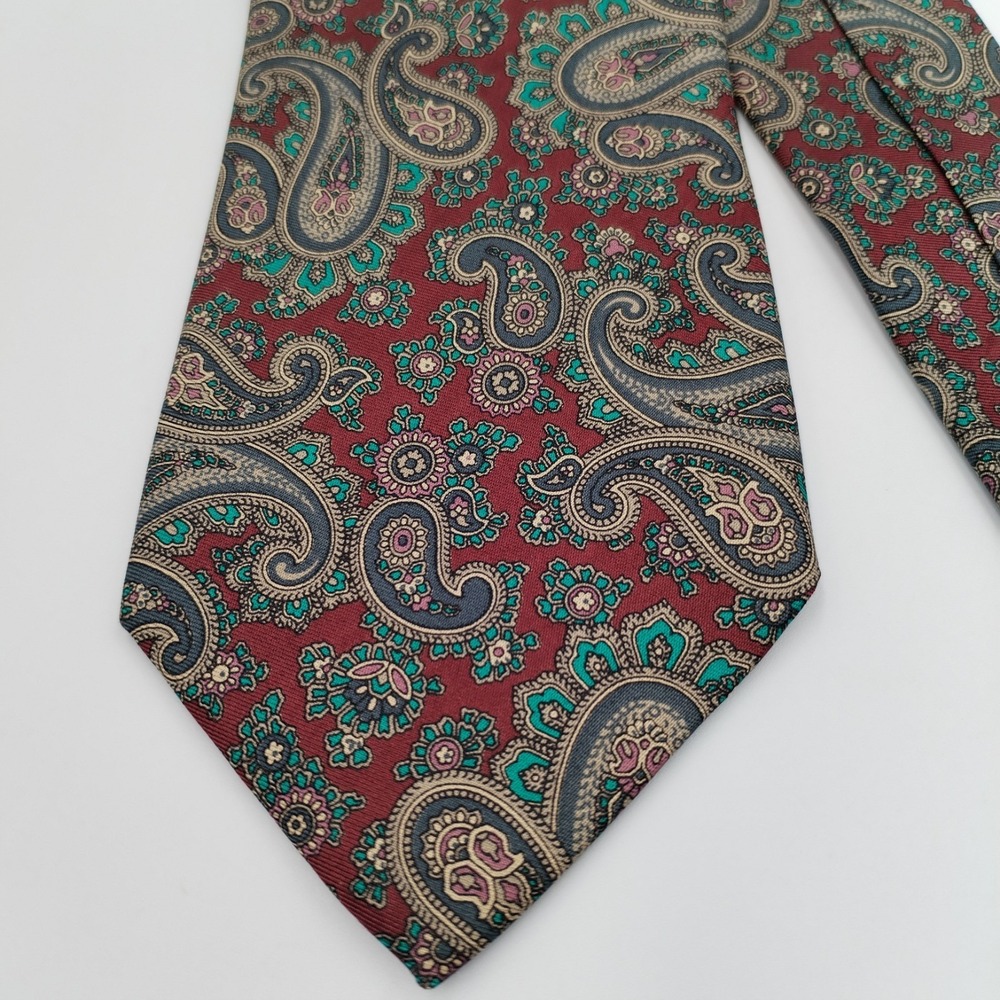 Robert Talbott Carmel Valley Silk Tie Burgundy Red Teal‎ Paisley Hand Sewn 3.5"
